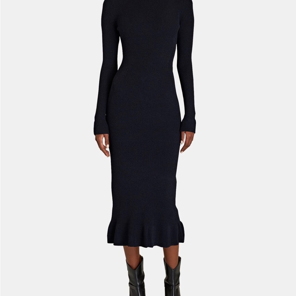 Ganni Open-Back Ruffled Rib-Knit Midi Dress dark navy sz medium NWT - Picture 2 of 16